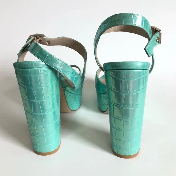 Green Capri Ice Iridescent Soft Crocodile Embossed Platform Heel Block Sandals - Picture 11 of 17